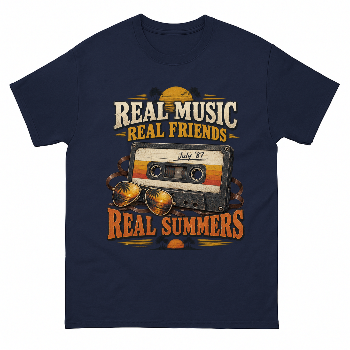 Navy vintage t-shirt with Real Music Real Friends July ’87 Real Summers printed front design