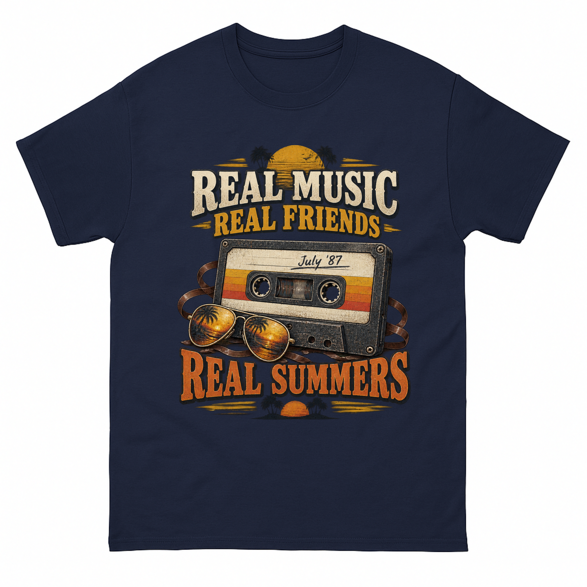 Navy vintage t-shirt with Real Music Real Friends July ’87 Real Summers printed front design