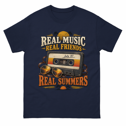 Navy vintage t-shirt with Real Music Real Friends July ’87 Real Summers printed front design