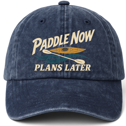 Navy vintage washed cap with Paddle Now Plans Later printed front design