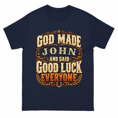 Navy vintage t-shirt with God Made Your Name And Said Good Luck Western printed front design