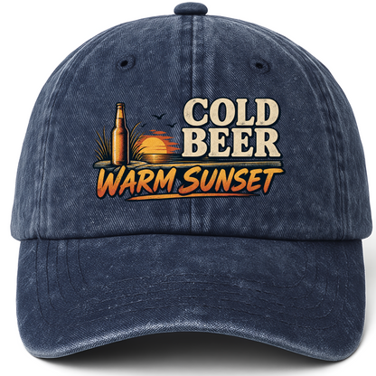 Navy vintage washed cap with Cold Beer. Warm Sunset printed front design