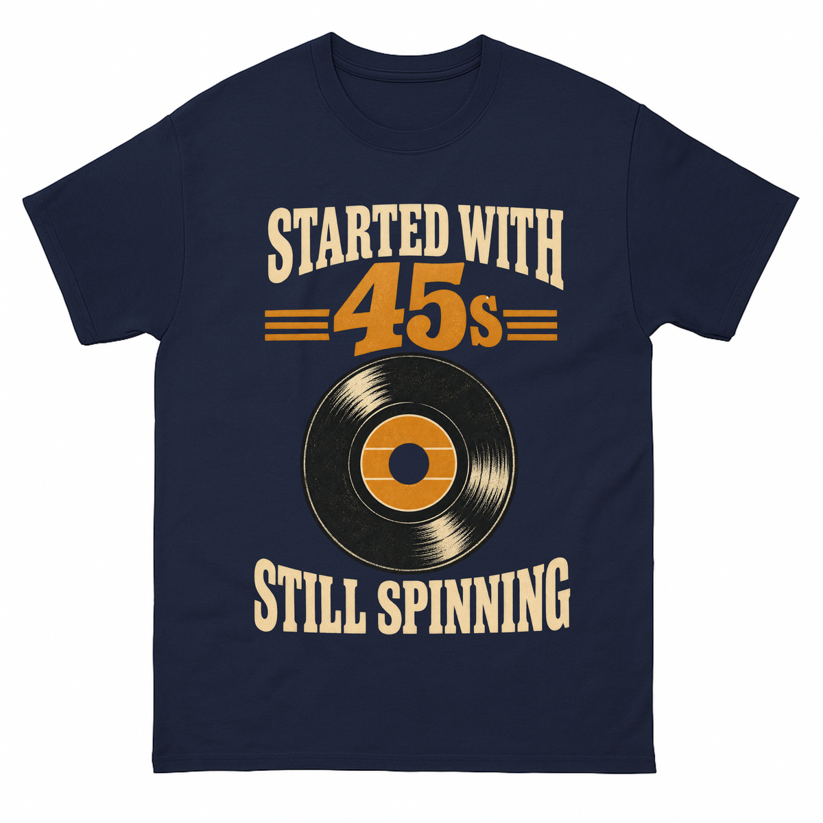 Navy vintage t-shirt with Started With =45s= Still Spinning printed front design