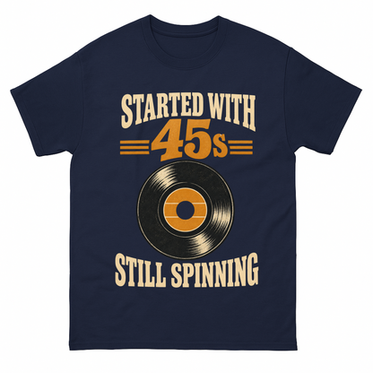 Navy vintage t-shirt with Started With =45s= Still Spinning printed front design