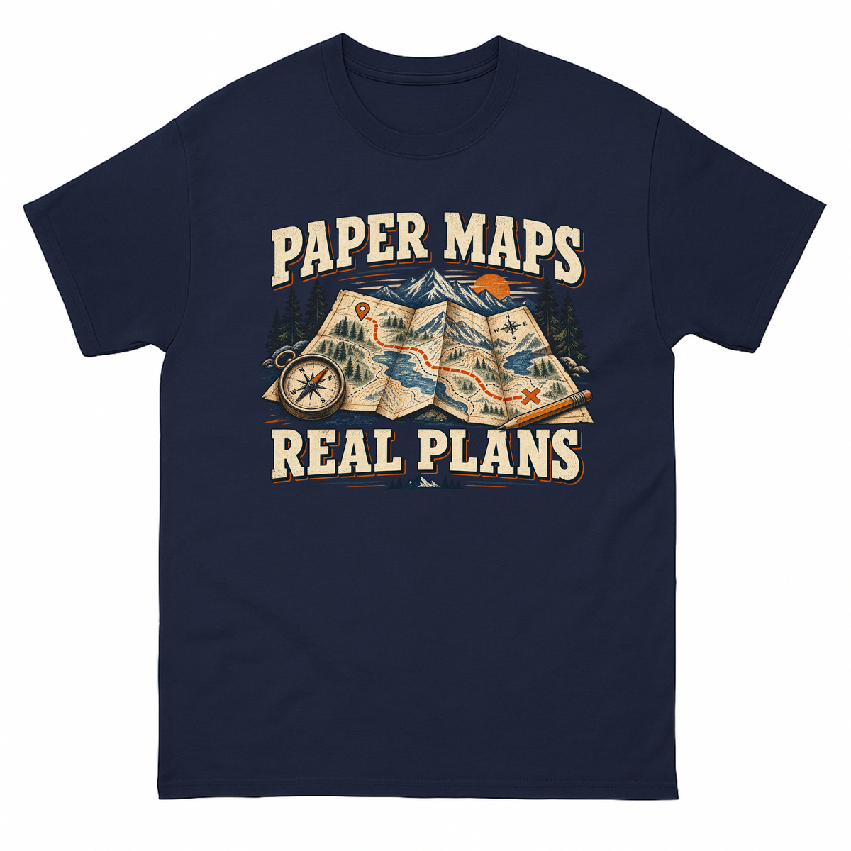 Navy vintage t-shirt with Paper Maps. Real Plans printed front design