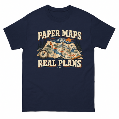 Navy vintage t-shirt with Paper Maps. Real Plans printed front design