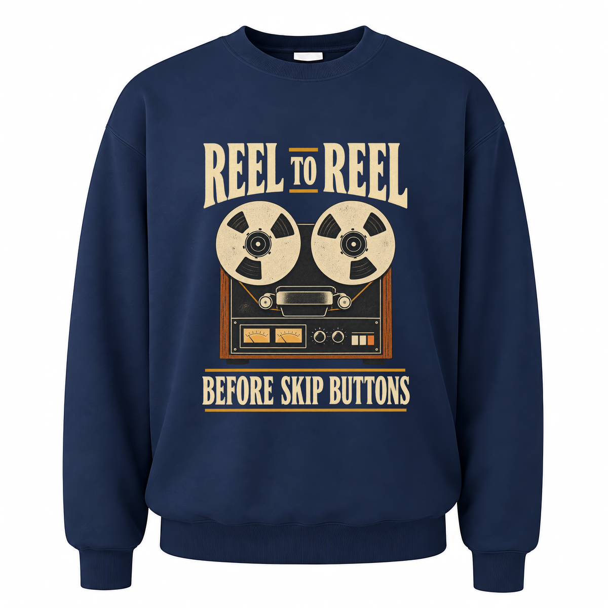 Navy vintage sweatshirt with Reel To Reel Before Skip Buttons printed front design
