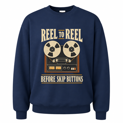 Navy vintage sweatshirt with Reel To Reel Before Skip Buttons printed front design