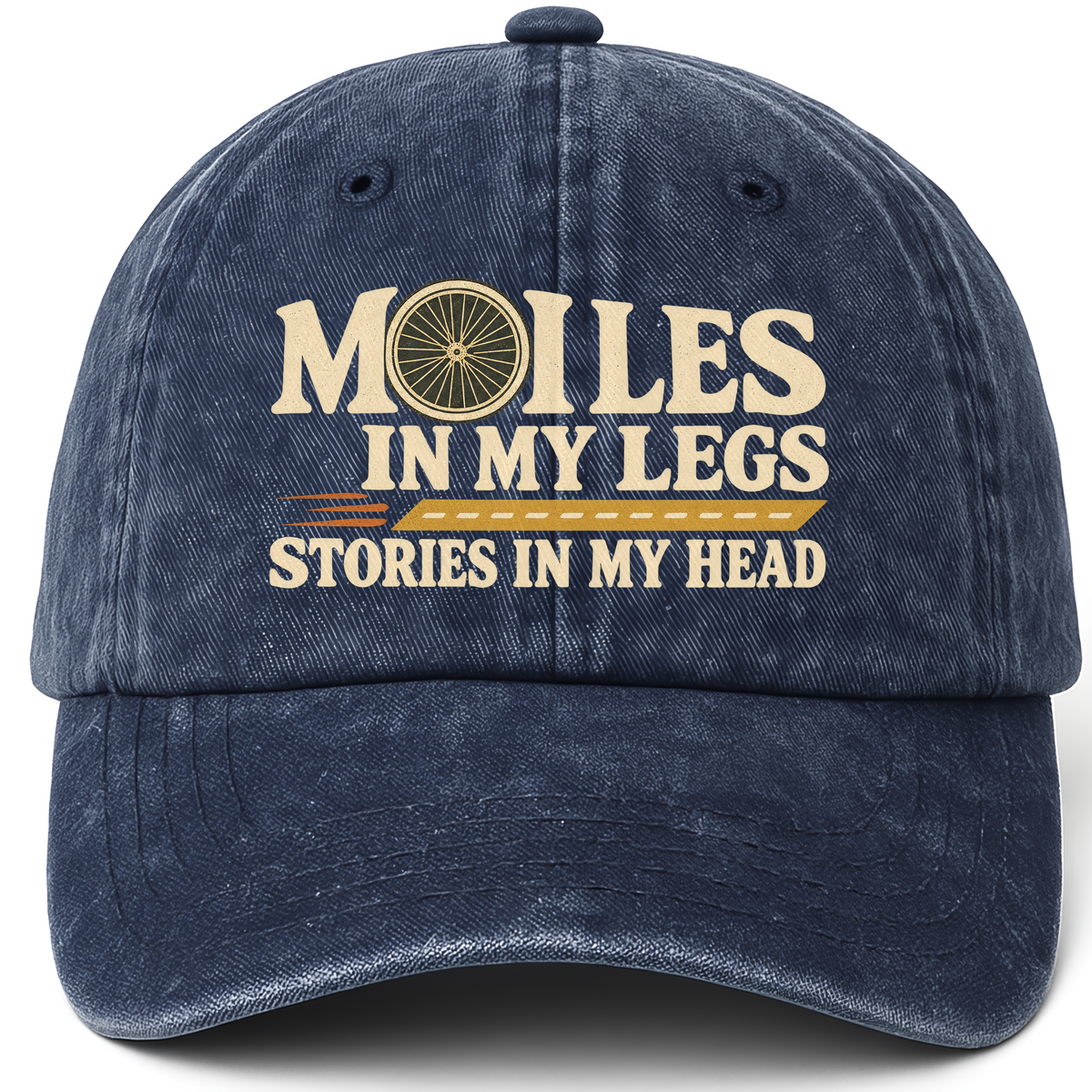 Navy vintage washed cap with Miles In My Legs. Stories In My Head printed front design