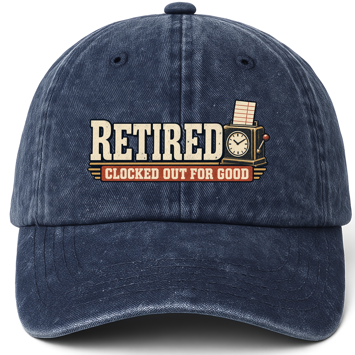 Navy vintage washed cap with Clocked Out For Good printed front design