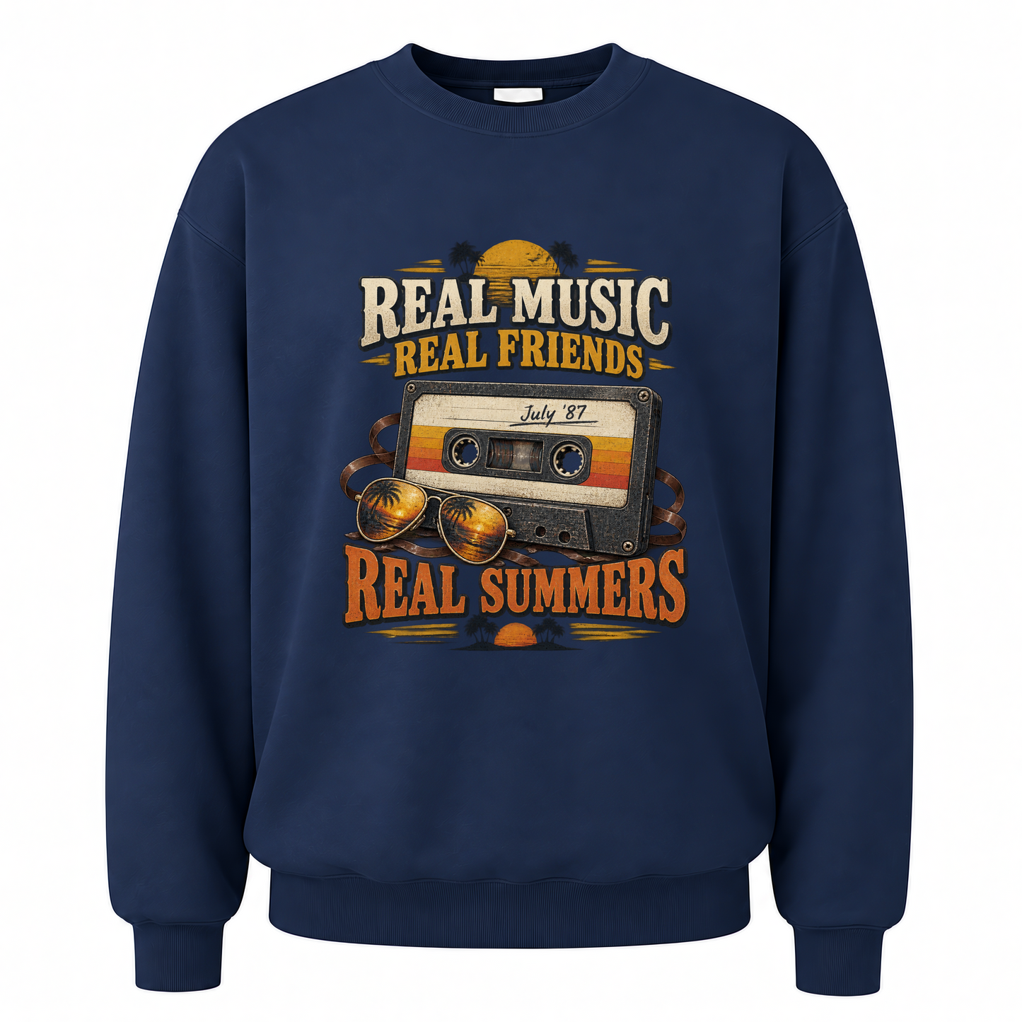 Navy vintage sweatshirt with Real Music Real Friends July ’87 Real Summers printed front design