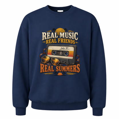 Navy vintage sweatshirt with Real Music Real Friends July ’87 Real Summers printed front design