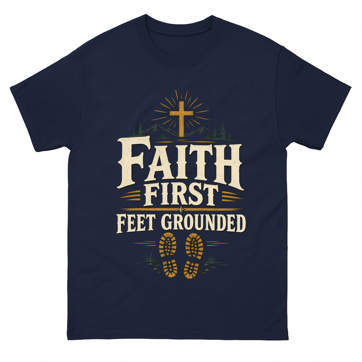 Navy vintage t-shirt with Faith First Feet Grounded printed front design