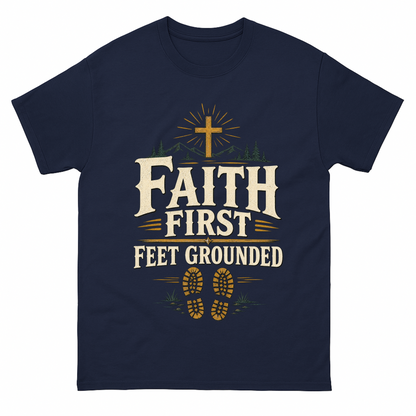 Navy vintage t-shirt with Faith First Feet Grounded printed front design