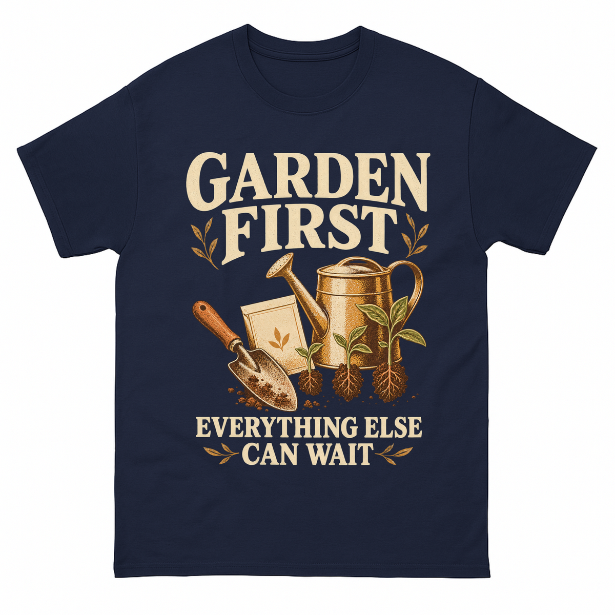 Navy vintage t-shirt with Garden First. Everything Else Can Wait printed front design