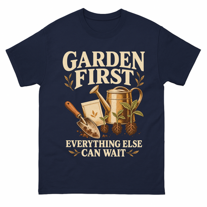 Navy vintage t-shirt with Garden First. Everything Else Can Wait printed front design