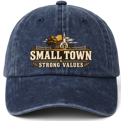 Navy vintage washed cap with Small Town Strong Values printed front design