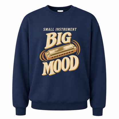 Navy vintage sweatshirt with Small Instrument. Big Mood printed front design