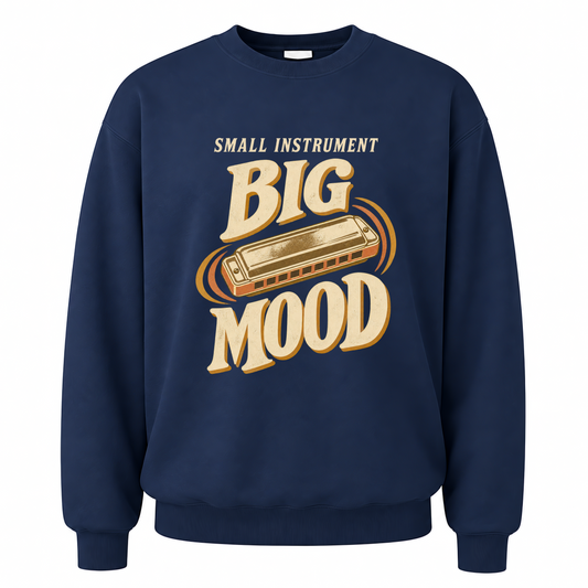 Navy vintage sweatshirt with Small Instrument. Big Mood printed front design