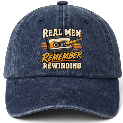 Navy vintage washed cap with 45 real men remember rewinding ideogram 4x TRIM pad80 printed front design