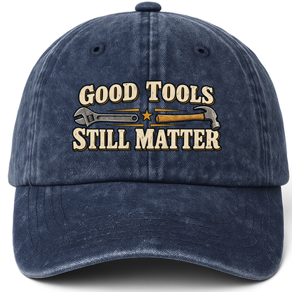 Navy vintage washed cap with Good Tools Still Matter printed front design