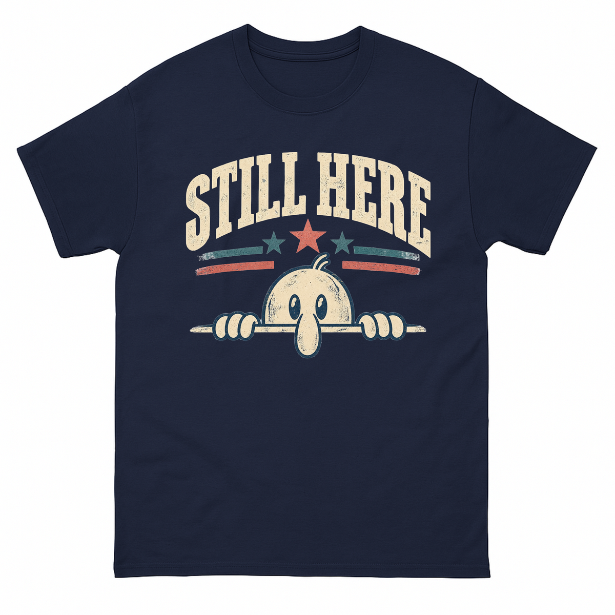 Navy T-shirt with distressed Still Here mascot and stars printed on front