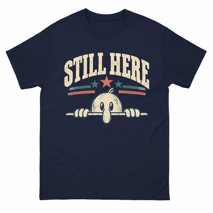 Navy T-shirt with distressed Still Here mascot and stars printed on front