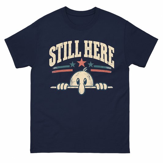 Navy T-shirt with distressed Still Here mascot and stars printed on front