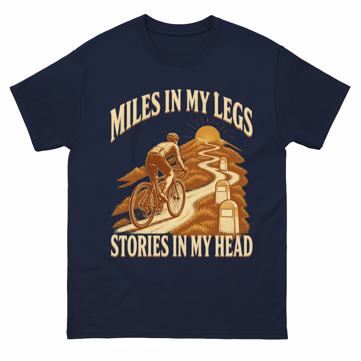 Navy vintage t-shirt with Miles In My Legs. Stories In My Head printed front design