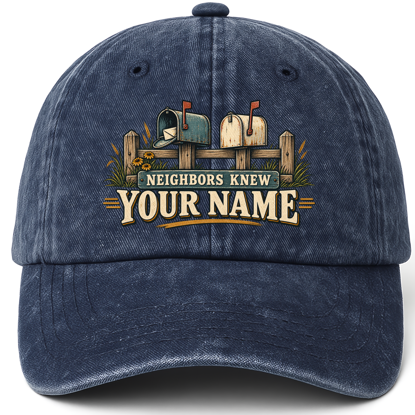 Navy vintage washed cap with Neighbors Knew Your Name printed front design