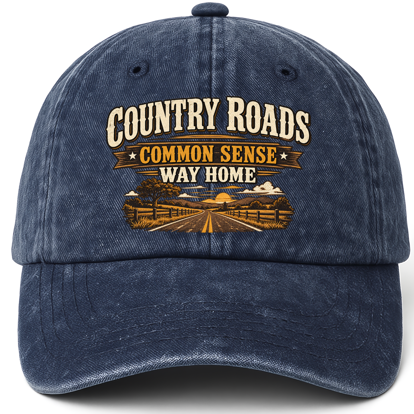 Navy vintage washed cap with Country Roads. Common Sense Way Home printed front design