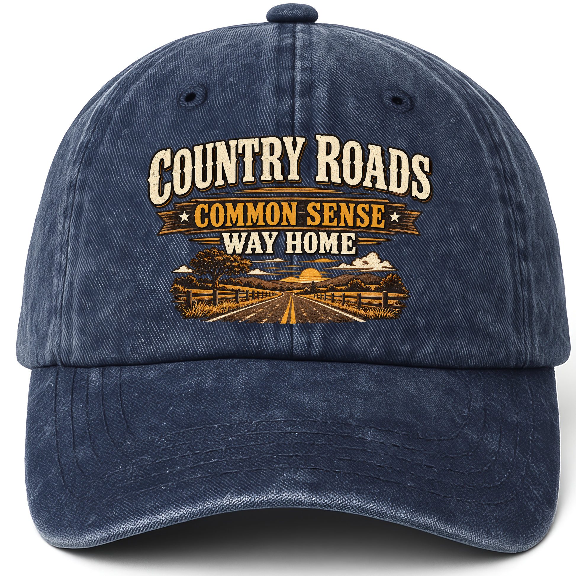 Navy vintage washed cap with Country Roads. Common Sense Way Home printed front design