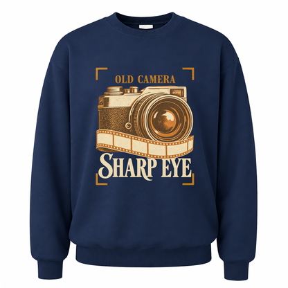 Navy vintage sweatshirt with Old Camera. Sharp Eye printed front design