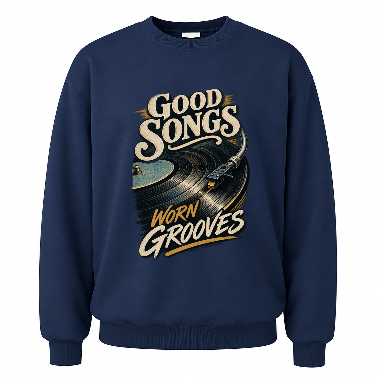 Navy vintage sweatshirt with Good Songs Worn Grooves printed front design