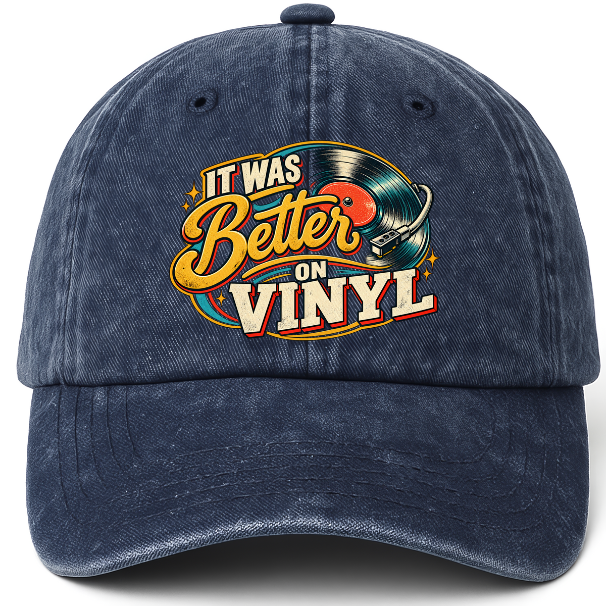 Navy vintage washed cap with It Was Better On Vinyl printed front design