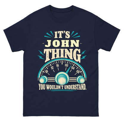 Navy vintage t-shirt with It's Your Name Thing Radio Dial printed front design