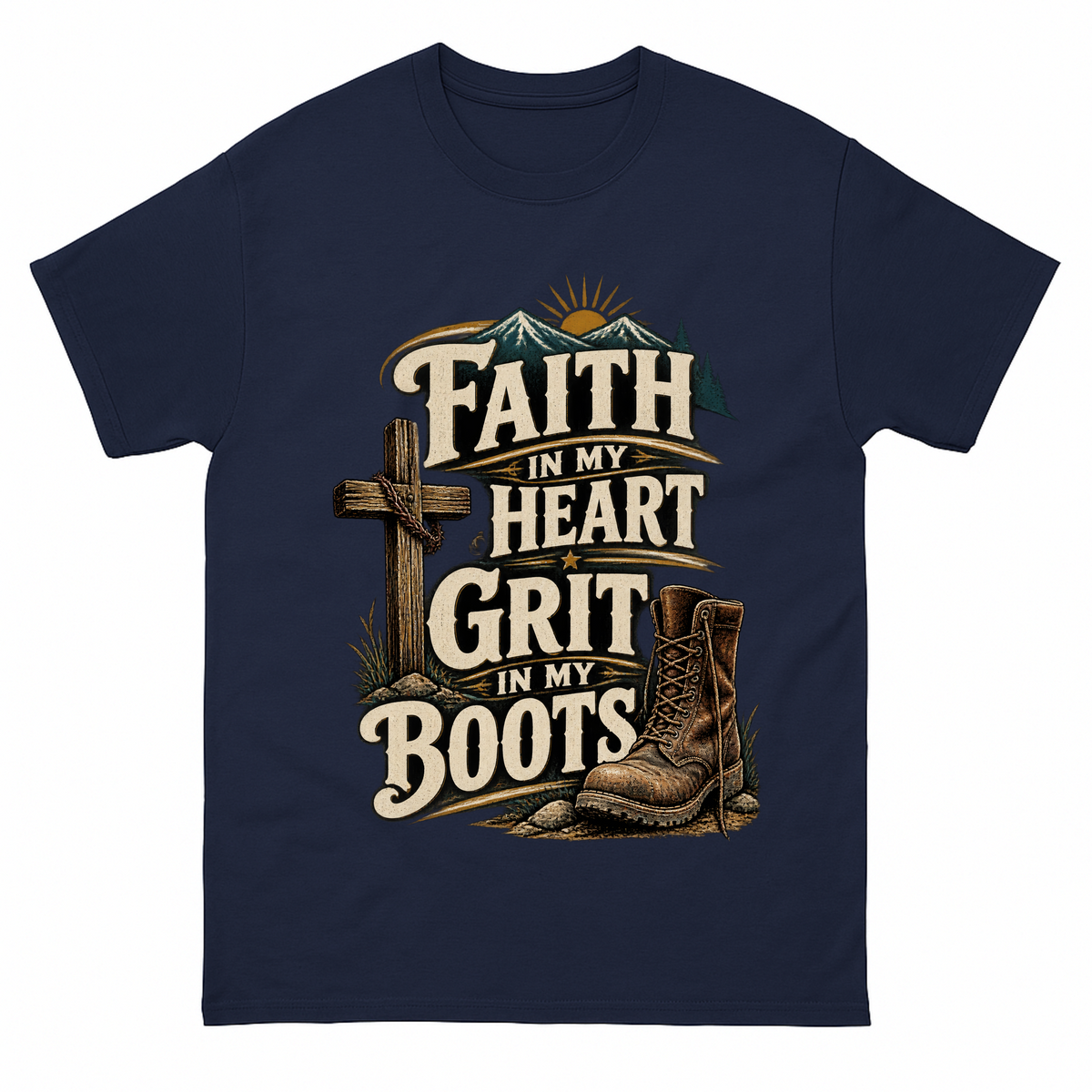 Navy vintage t-shirt with Faith In My Heart Grit In My Boots printed front design