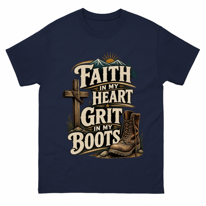 Navy vintage t-shirt with Faith In My Heart Grit In My Boots printed front design