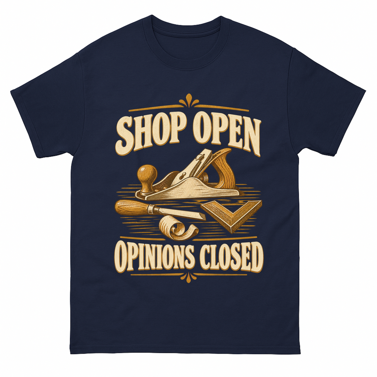 Navy vintage t-shirt with Shop Open Opinions Closed printed front design