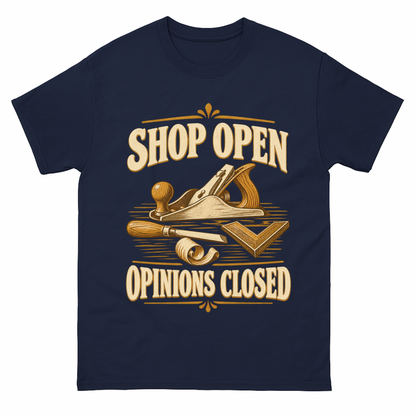 Navy vintage t-shirt with Shop Open Opinions Closed printed front design