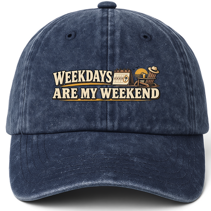 Navy vintage washed cap with Weekdays Are My Weekend printed front design