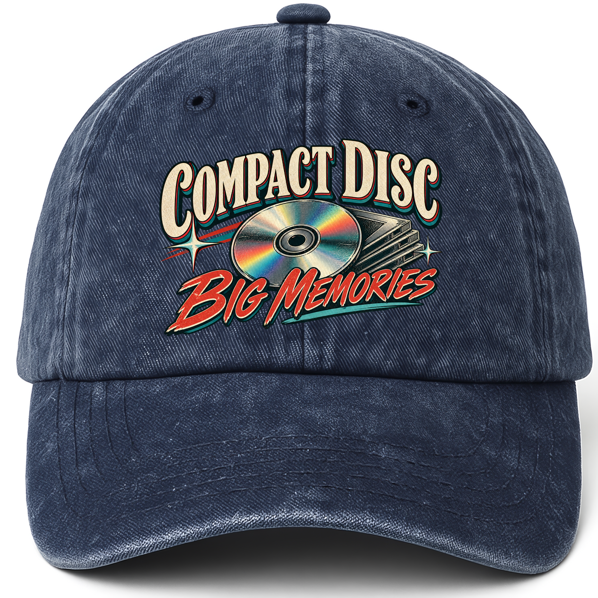 Navy vintage washed cap with Compact Disc Big Memories printed front design