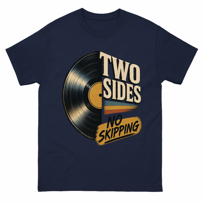 Navy vintage t-shirt with Two Sides. No Skipping printed front design