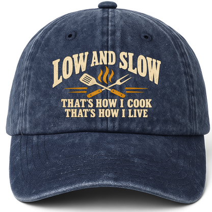 Navy vintage washed cap with Low And Slow That's How I Cook That's How I Live printed front design
