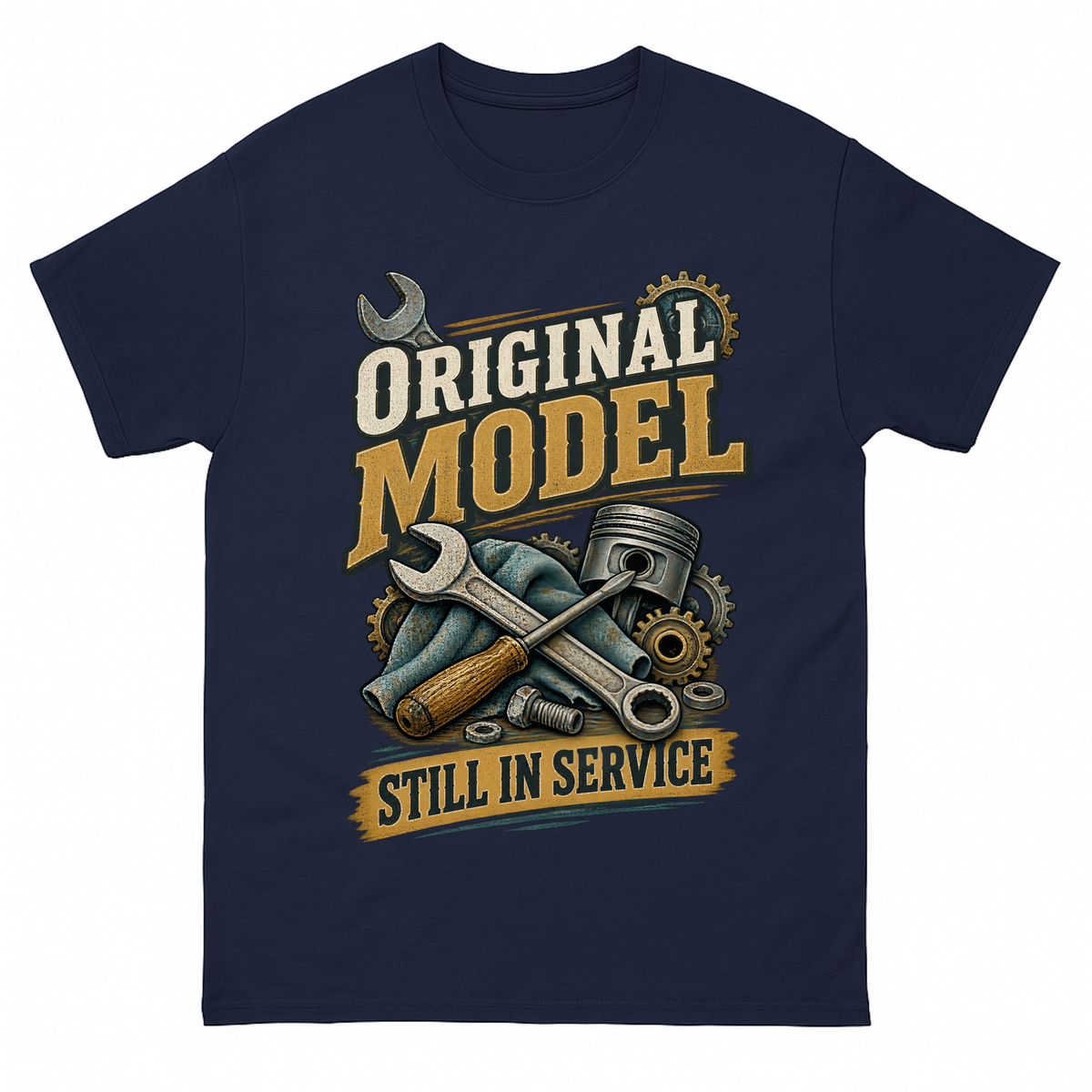 Navy vintage t-shirt with Original Model Still In Service printed front design