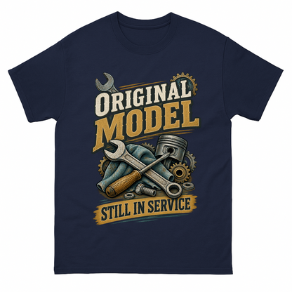 Navy vintage t-shirt with Original Model Still In Service printed front design