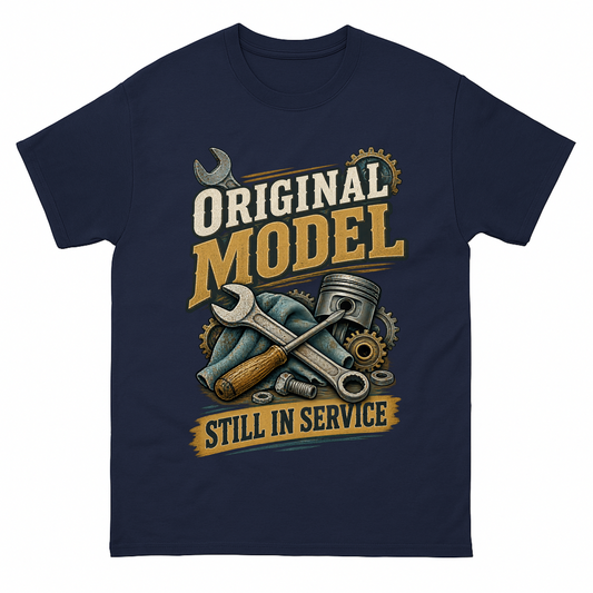Navy vintage t-shirt with Original Model Still In Service printed front design
