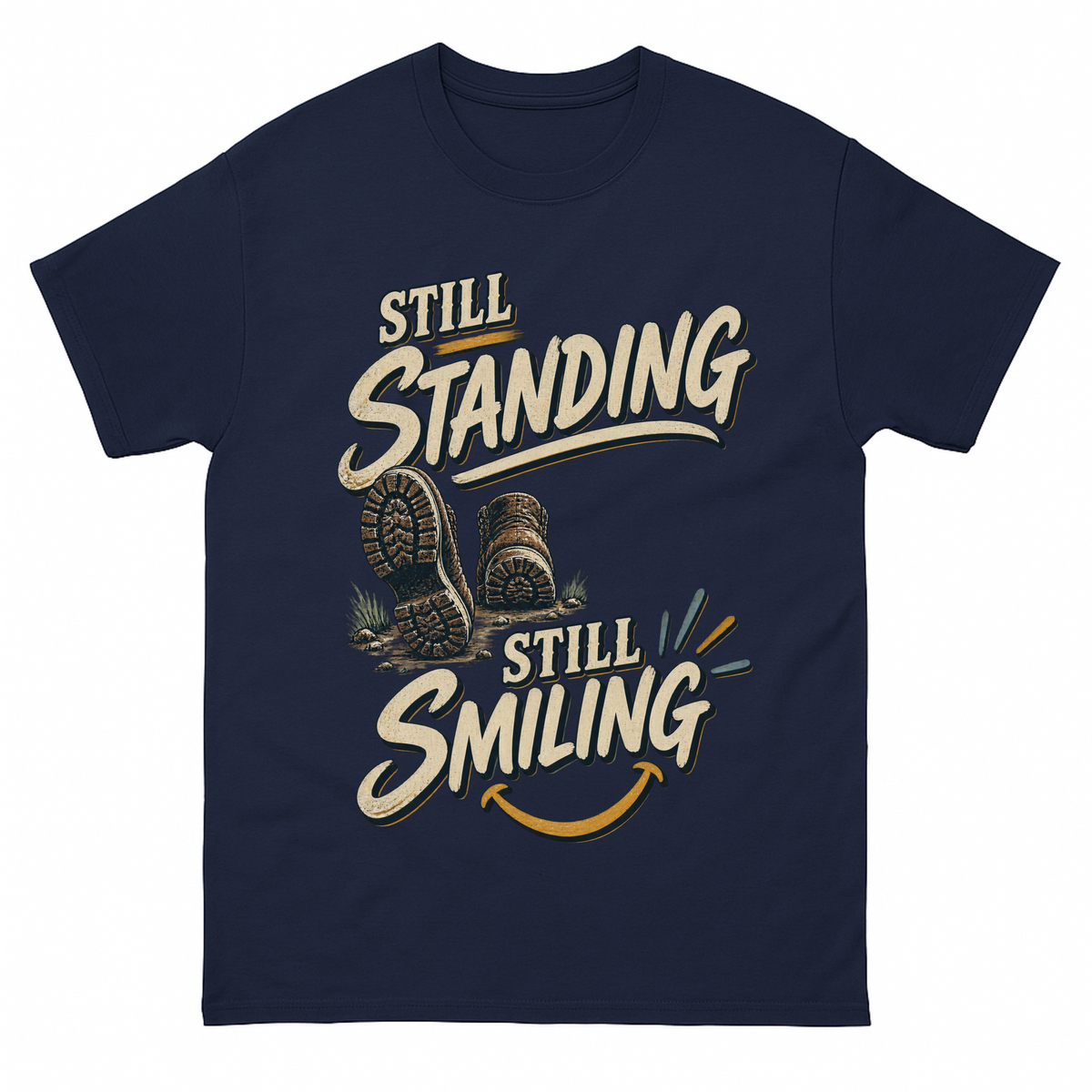 Navy vintage t-shirt with Still Standing Still Smiling printed front design
