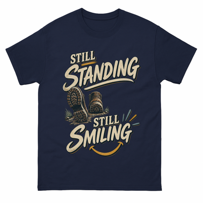 Navy vintage t-shirt with Still Standing Still Smiling printed front design