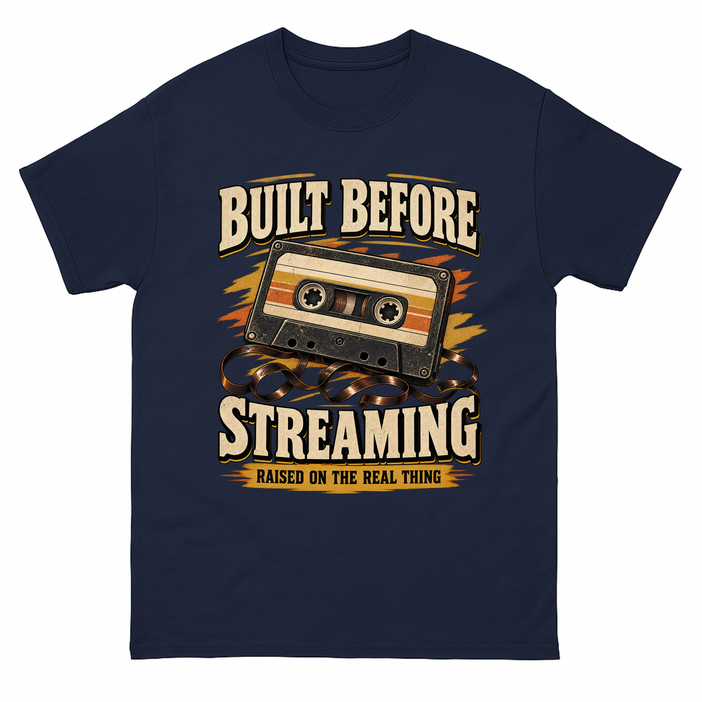 Navy vintage t-shirt with Built Before Streaming Raised On The Real Thing printed front design